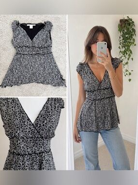🖤 Vintage Max Studio Black White Lace Print Babydoll Top M/L🖤